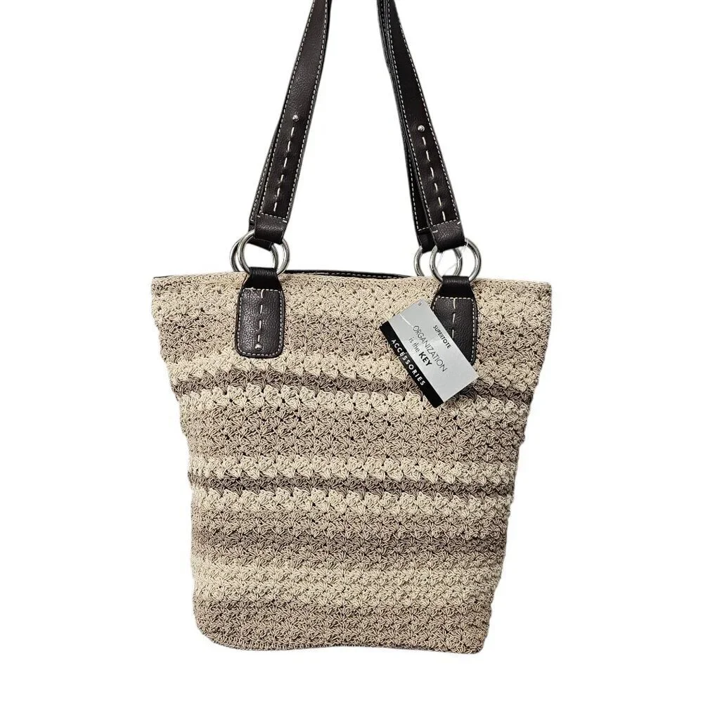 Super Tote New Crochet Boho Bucket Neutral Taupe Cream 3 Piece Shoulder Bag